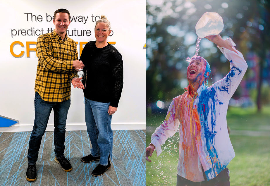 side by side image of Nick Ludwig accepting an award and pouring water over himself after completing the Crunch Berry Run.