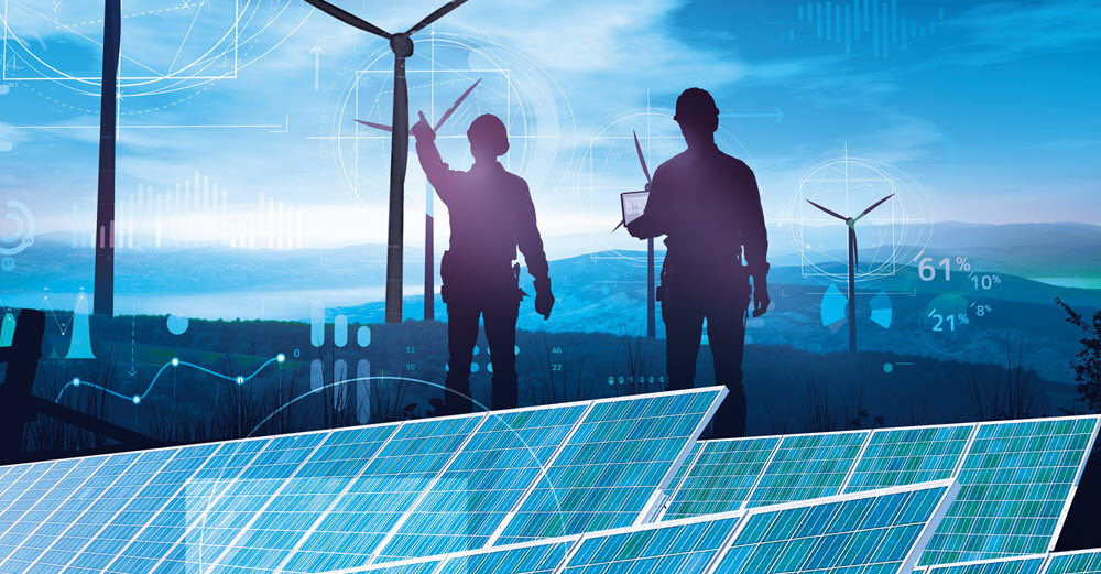 Collage of line workers, wind and solar