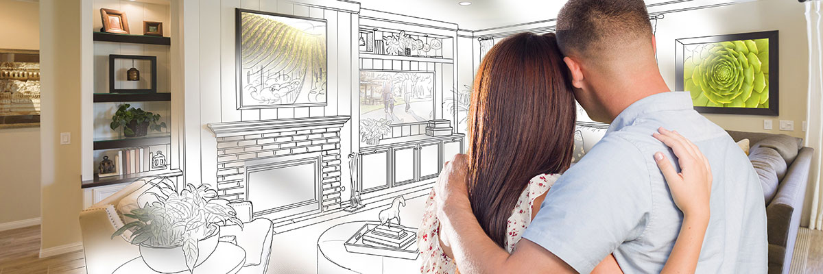 Couple looking at remodeled living room