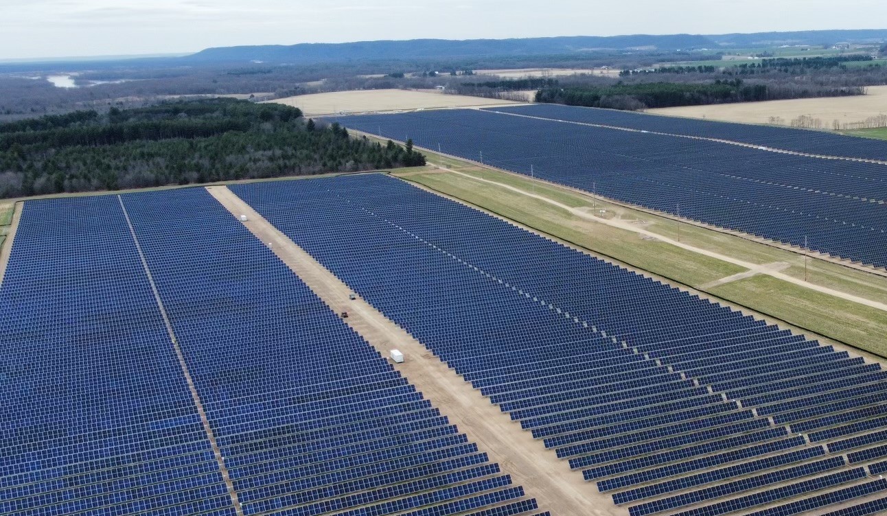 A drone image overlooking the west section of the Bear Creek Solar Project after panel installation was complete. (April 21, 2022)