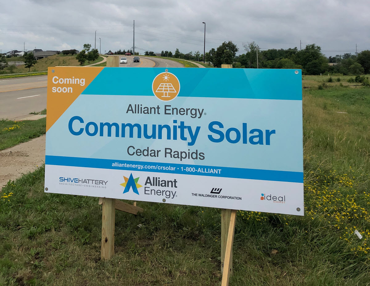 Sign at the Cedar Rapids community solar site "coming soon" sign