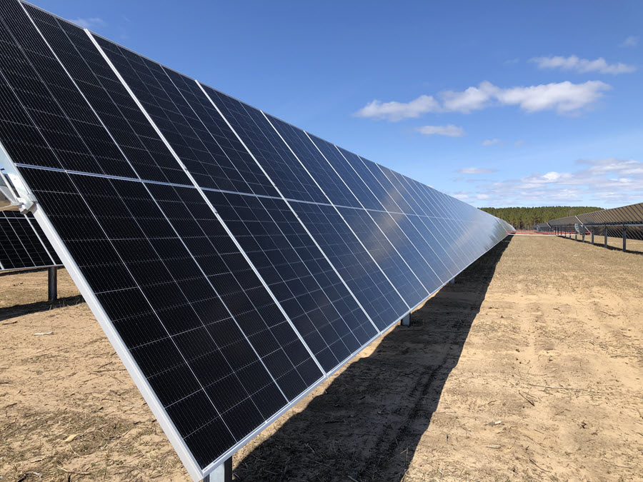 A row of installed solar panels at the Wood County Solar Project (April 12, 2022) 