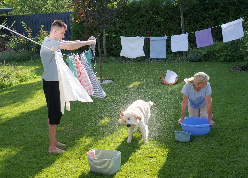 couple and dog outside hanging laundry