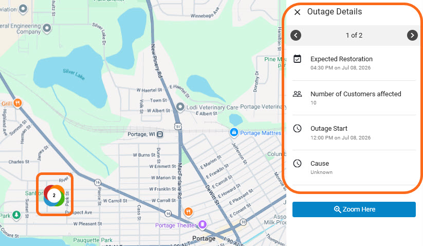screenshot of outage details panel
