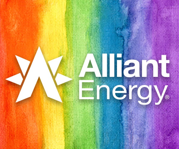 White Alliant Energy logo with rainbow background. 