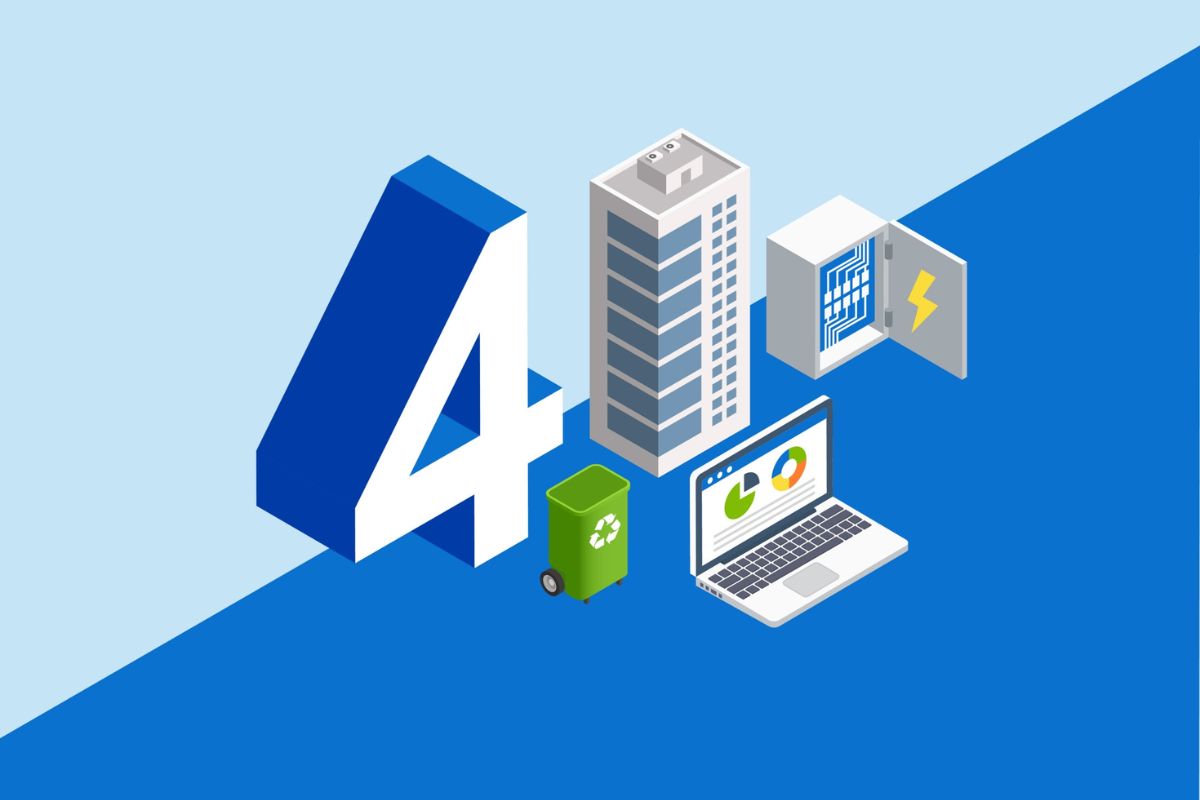 Graphic for the Four Cornerstones of High-Performing Buildings with the number 4 alongside images of a recycling bin, open laptop computer with pie charts on the screen, a tall tower and a fuse box with a lightning bolt on the door. 