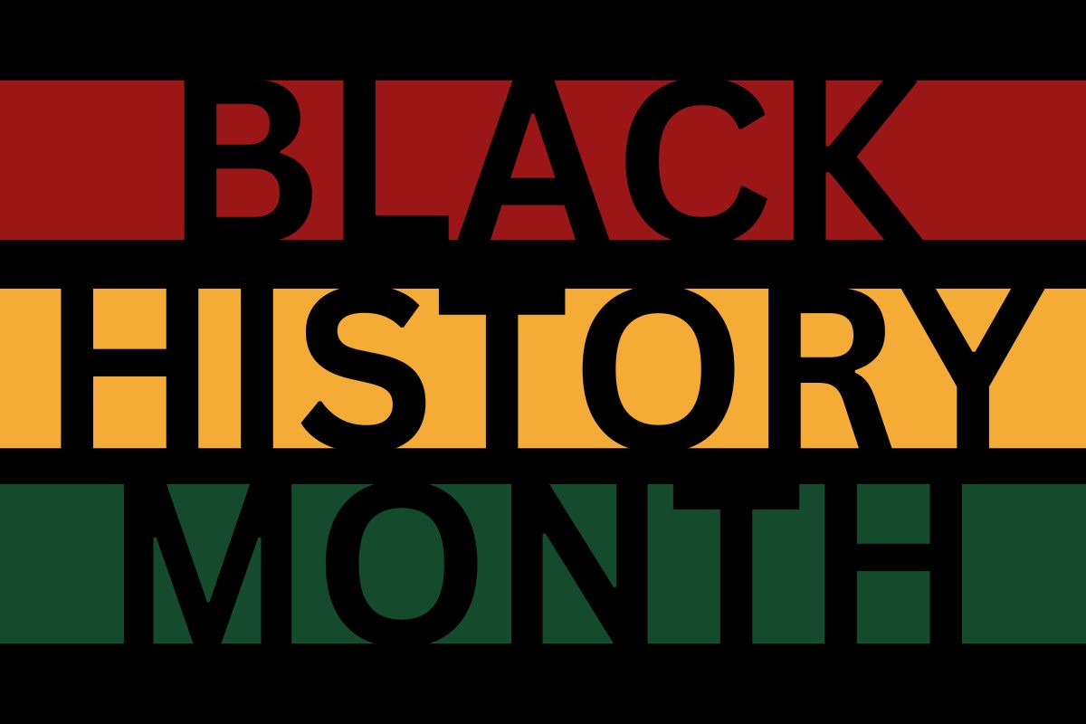 Black History Month graphic in Red, Yellow and Green (the month's colors)