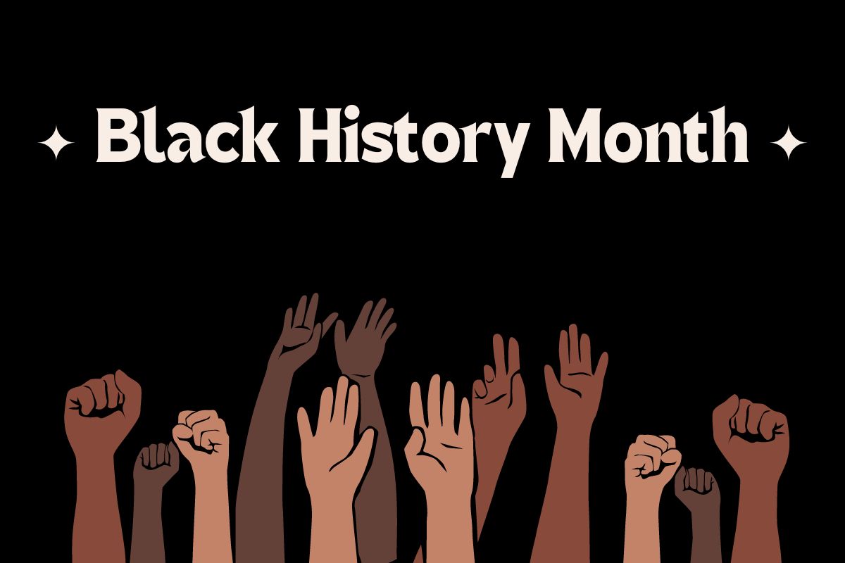 Graphic titled Black History Month with images of hands in solidarity fists and reaching up.