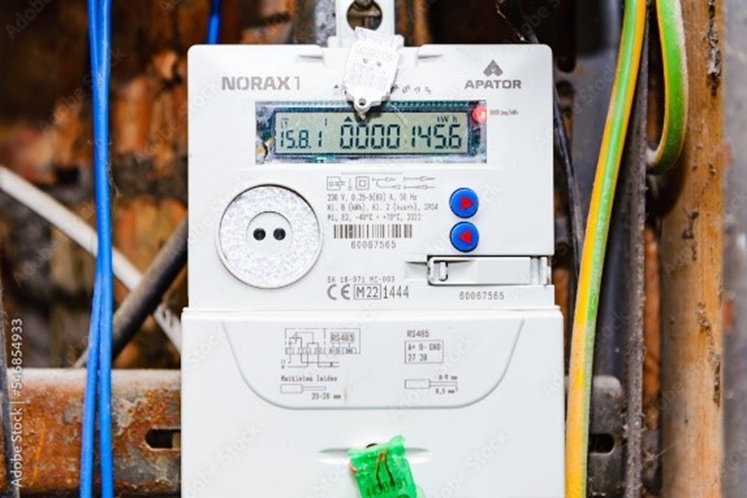 Image of an electric meter displaying 145.6 kilowatt hours. 