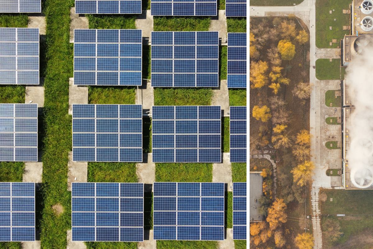 solar energy aerial view and fossil fuel aerial view 