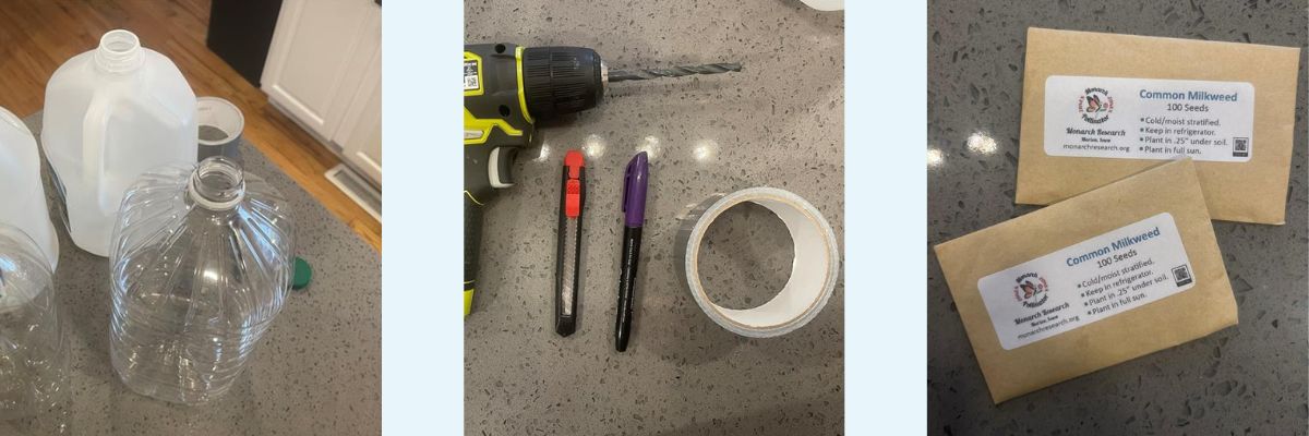 Three images side by side that depict the materials needed to make a winter greenhouse. The photo on the left depicts large, clear and translucent bottles. The photo in the middle depicts a drill, a utility knife, a marker and duct tape. The photo on the right depicts two seed packets. 