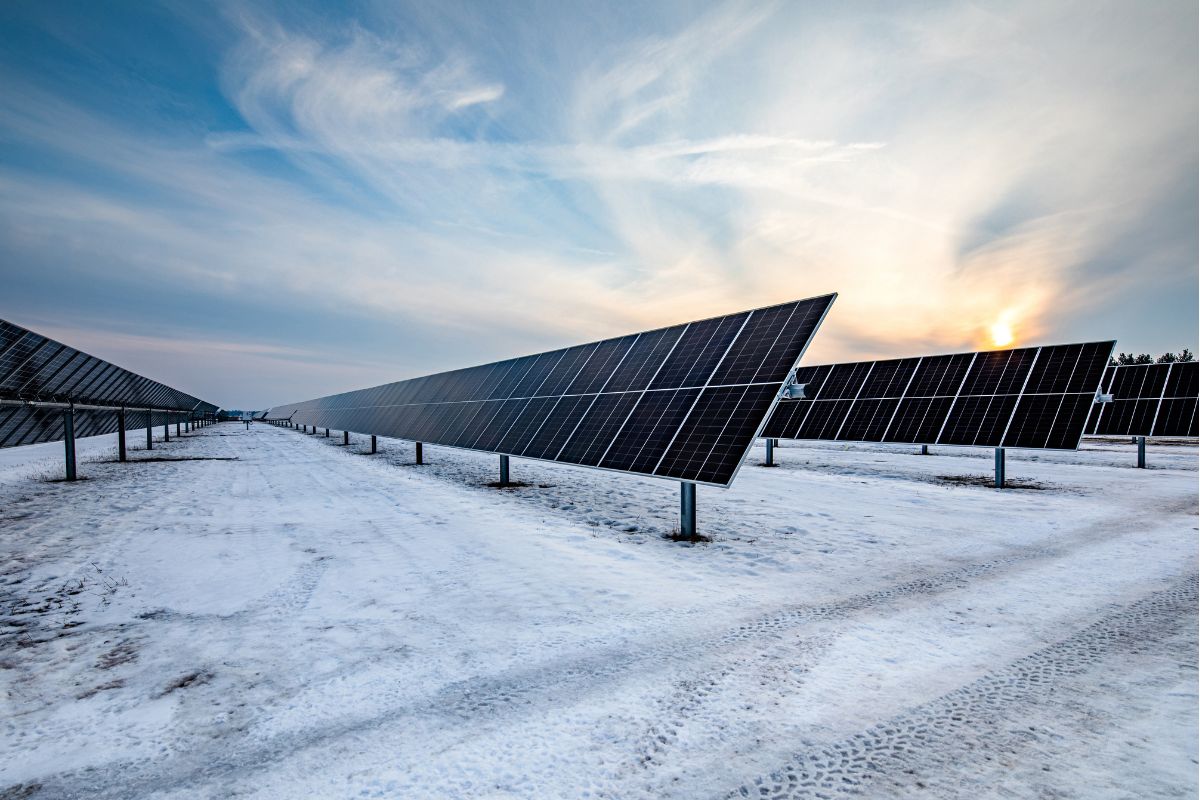 Rows of angled solar panels at sunset with a light dusting of snow on the ground.