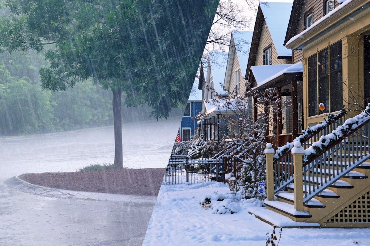 Two images of severe weather. Left image is of a heavy rainstorm. Right image is a snowy neighborhood. 