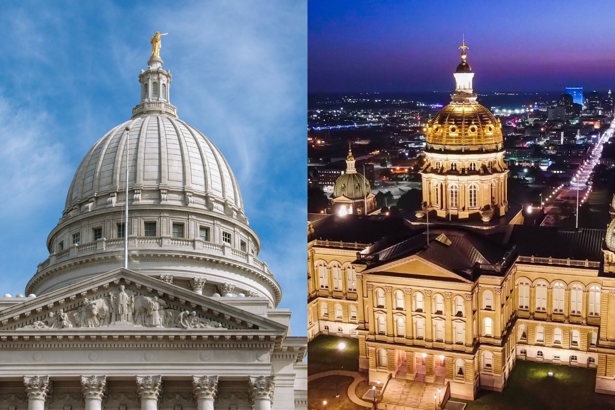 Two images side by side. Left: Wisconsin Capitol Building in daylight. Right: Iowa Capitol Building lit up at night.