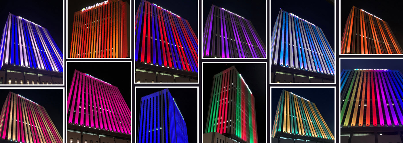 Collage of photos of the Alliant Energy Tower lit in different colors