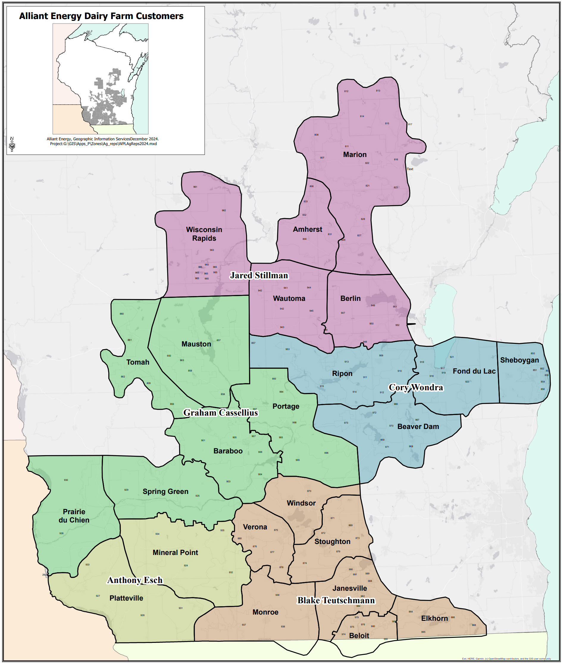Map of agribusiness districts in Alliant Energy's Wisconsin service territory. Call 1-866-ALLIANT.