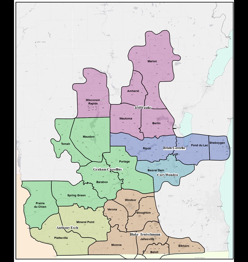 Map of agribusiness districts in Alliant Energy's Wisconsin service territory. Call 1-866-ALLIANT.