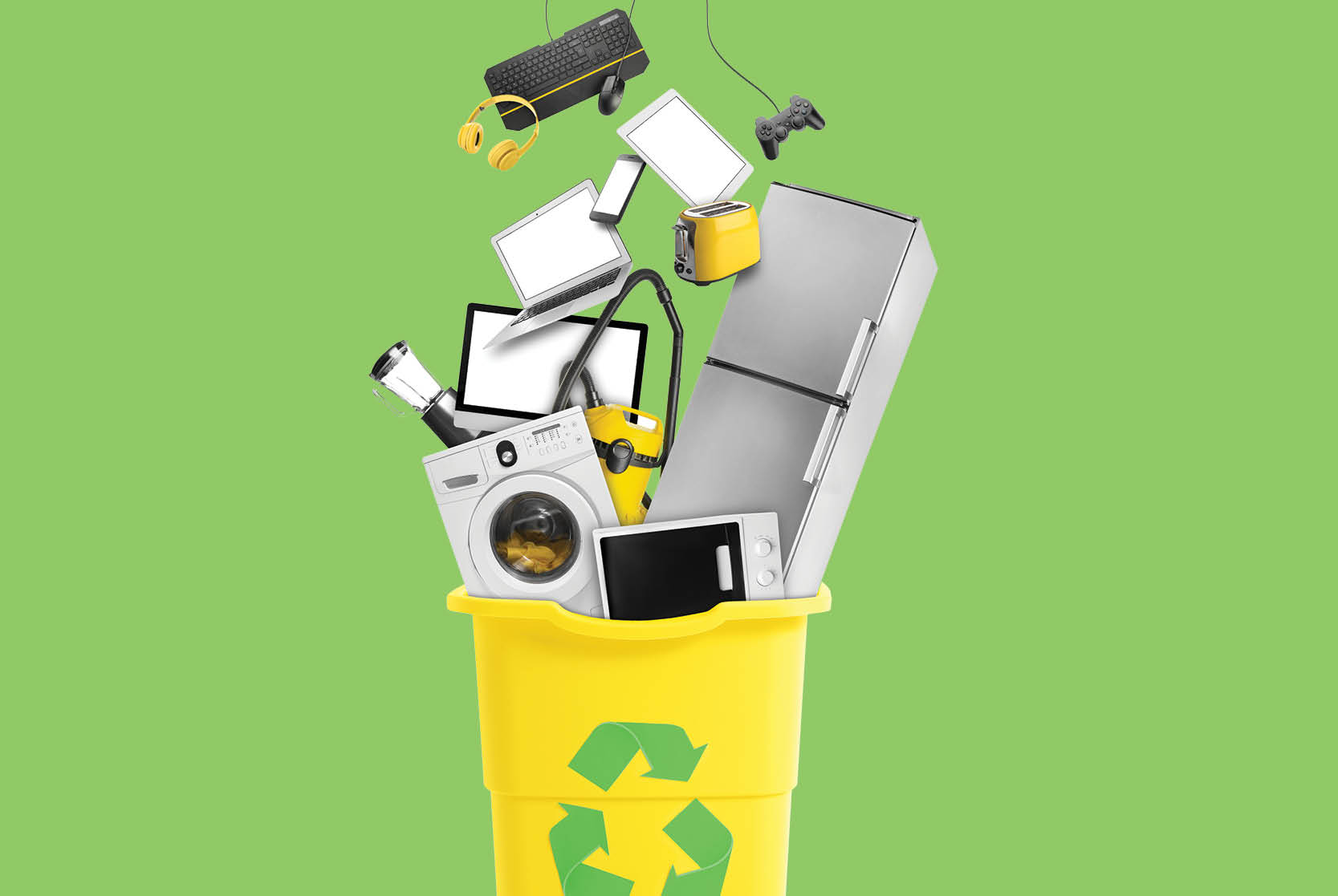 Graphic of a recycling bin with appliances in it.