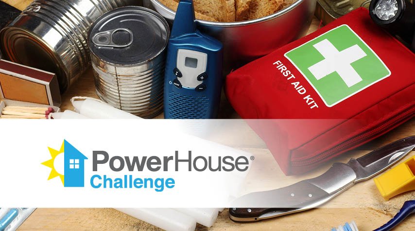 First aid kit and other supplies for emergency storm kit on table- PowerHouse Challenge graphic