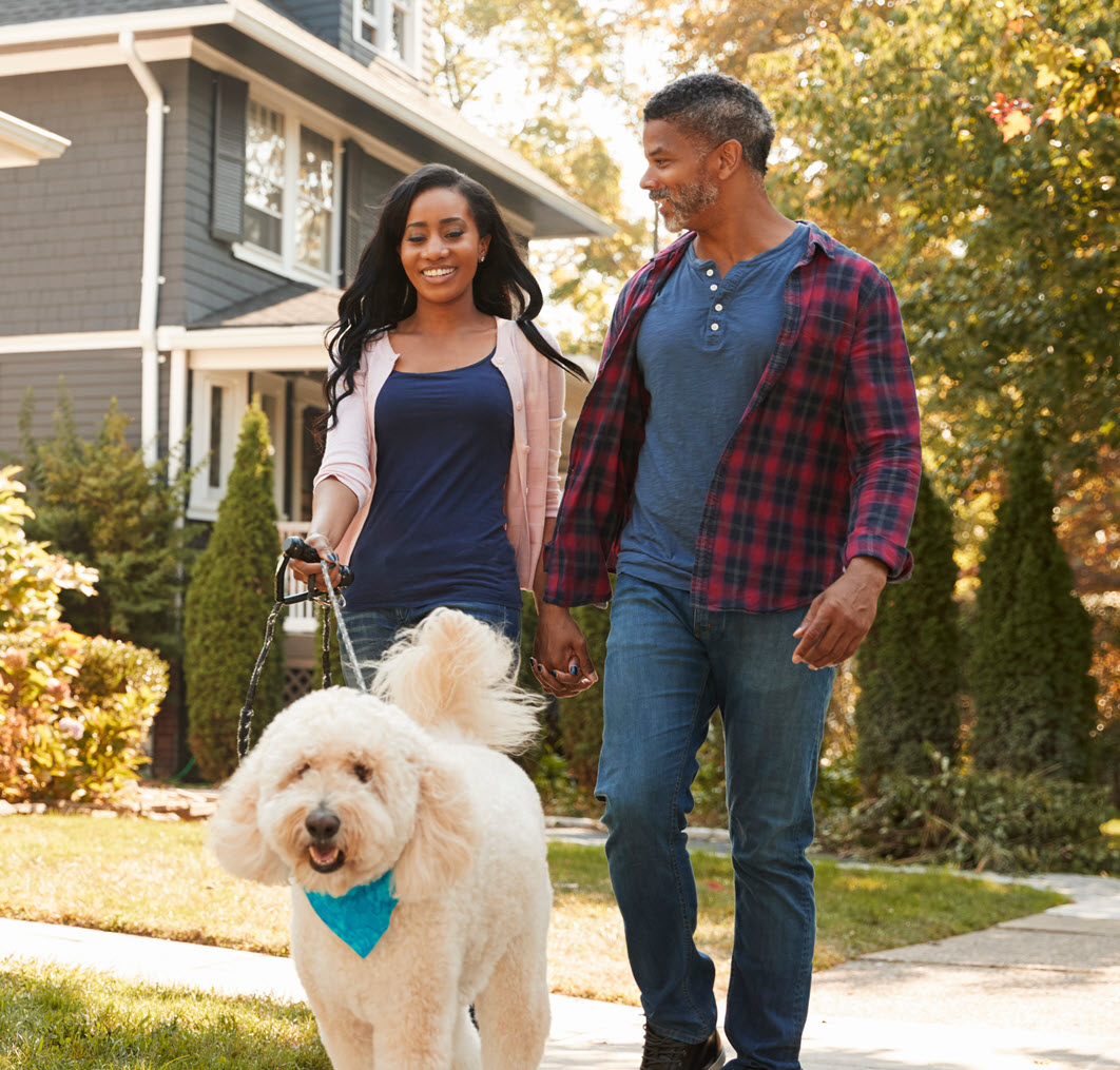 couple walking dog in a neighborhood