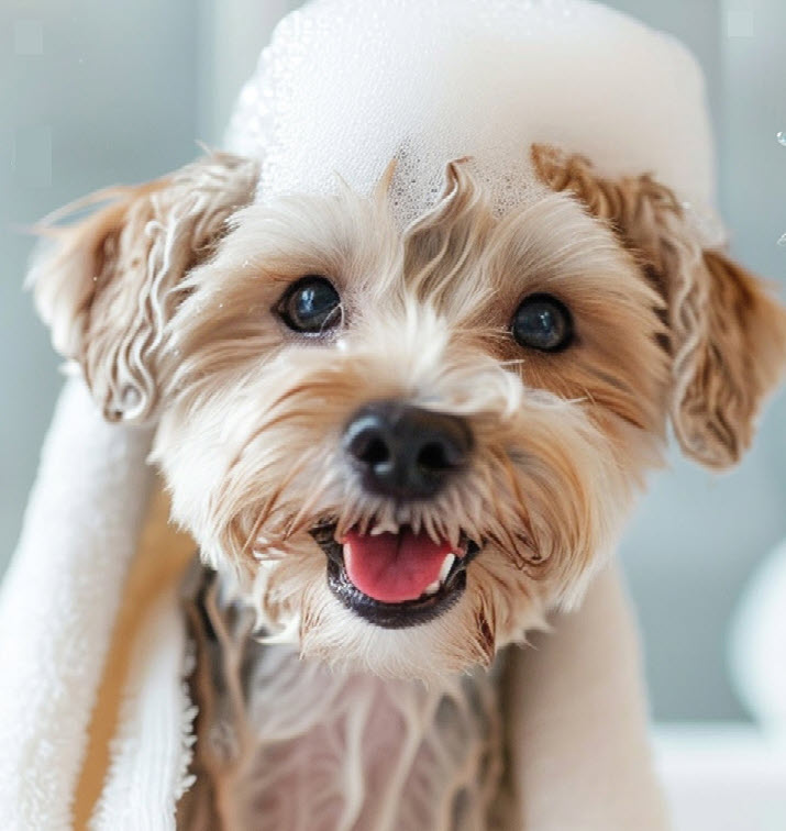 dog with bath bubbles