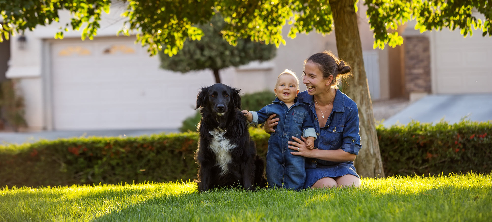 a mom, baby and dog in the grass