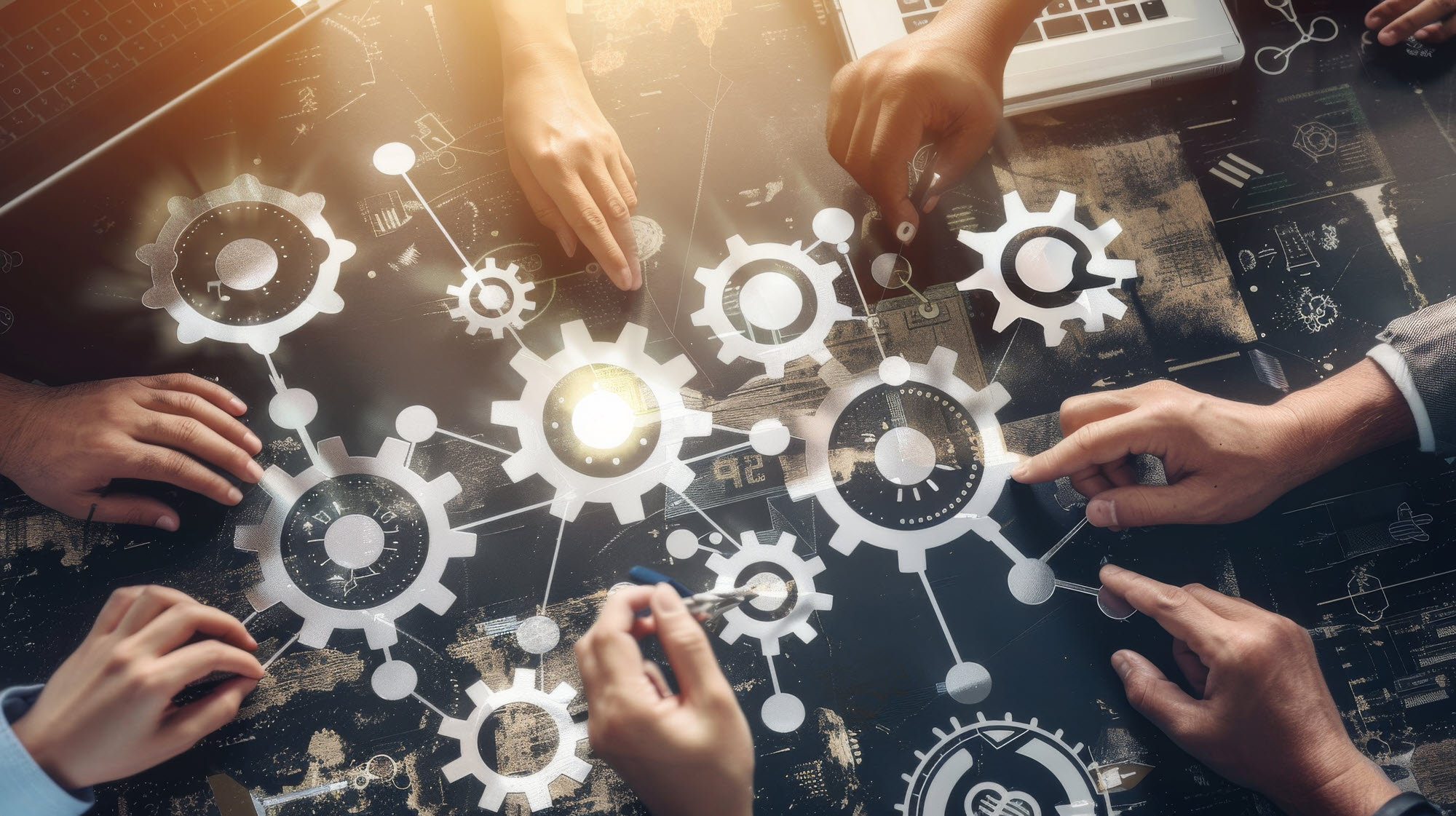 stylized image of hands pointing to gears on a table at a meeting