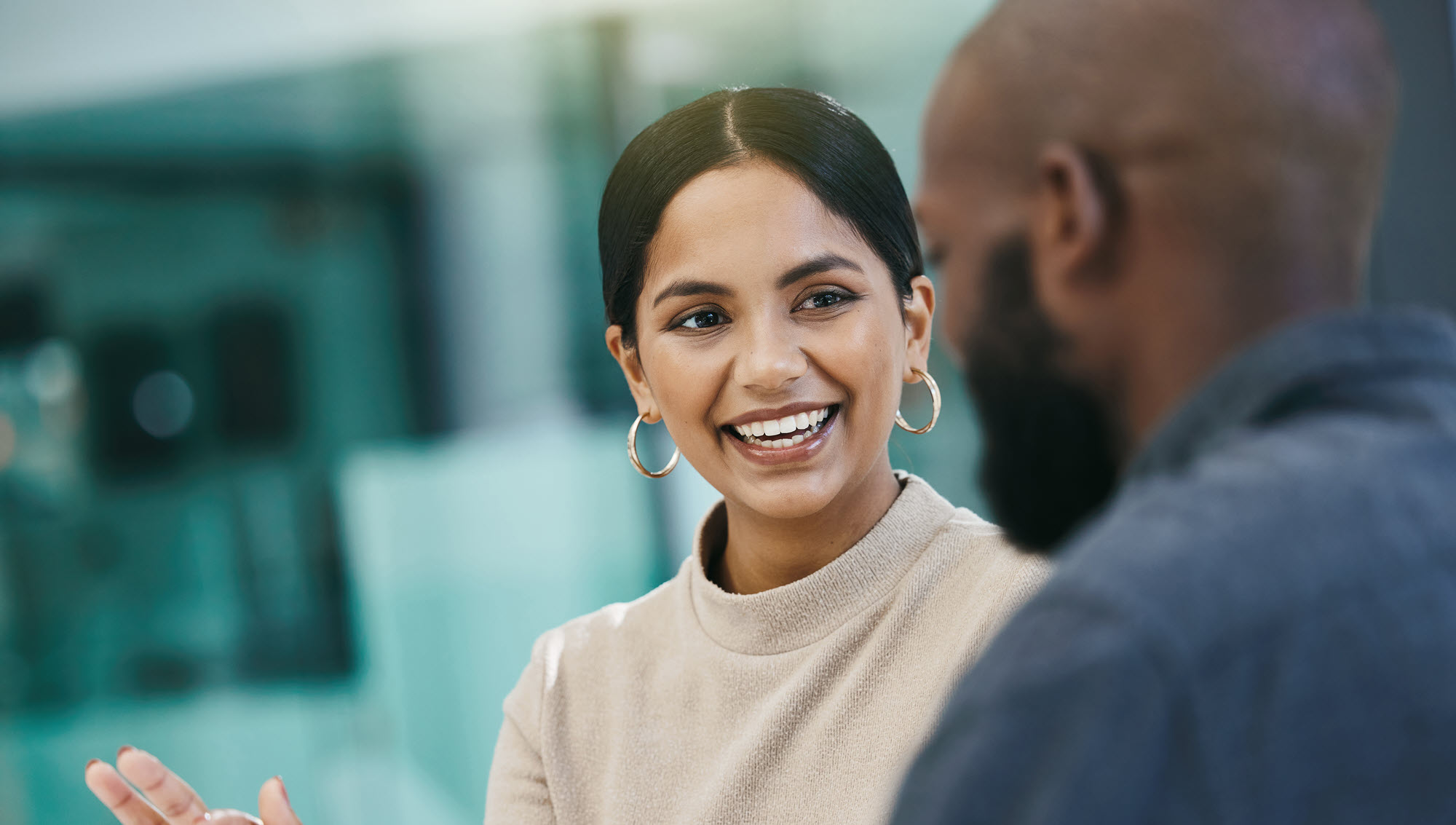 business woman and man talking