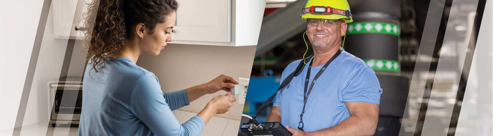 collage of a man installing a light bulb and a line worker