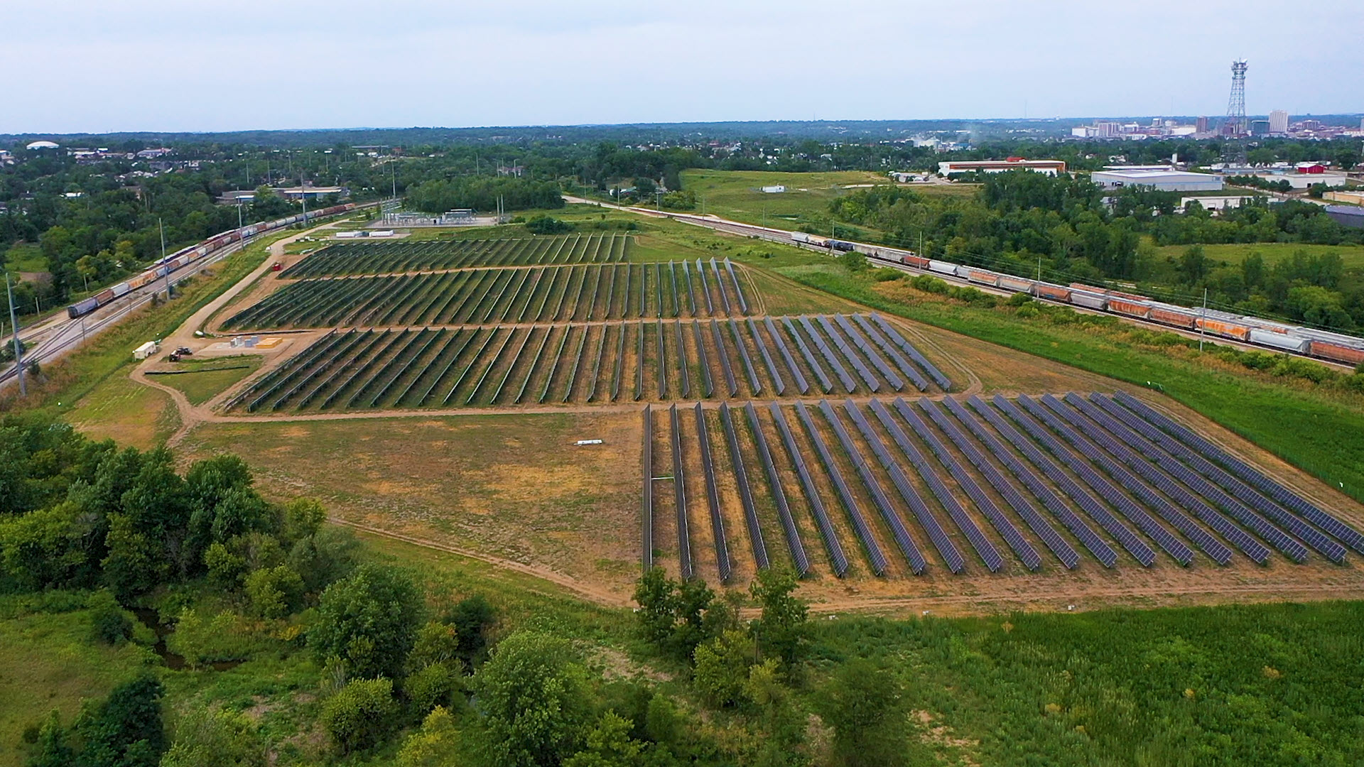 aerial photo of rows of solar panels