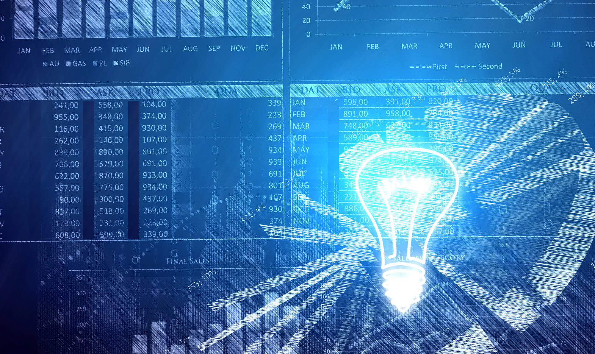collage of charts and graphs with a light bulb