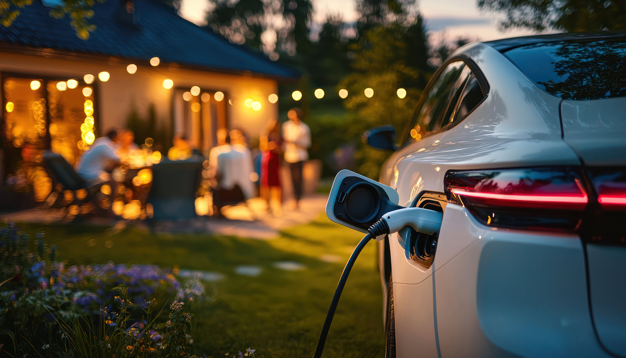 an EV charging with a party in the background