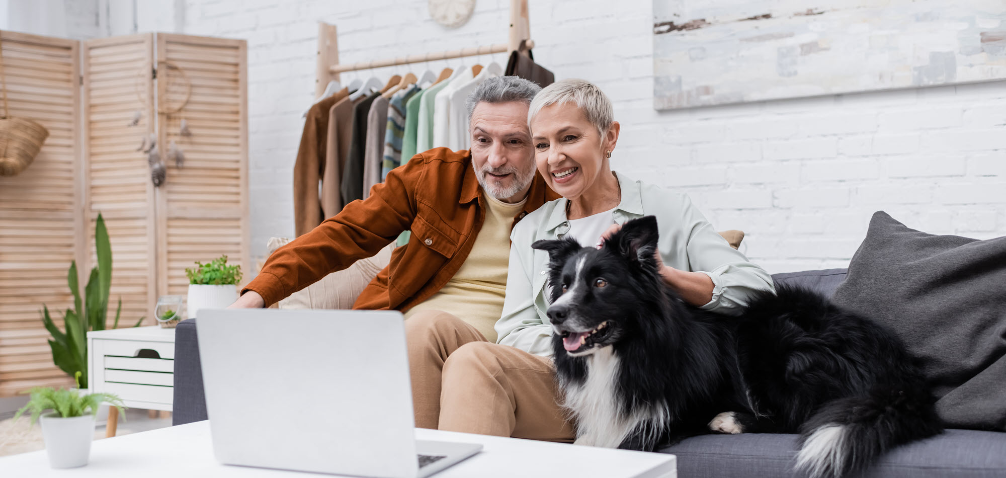 couple looking at a laptop on a couch with their dog